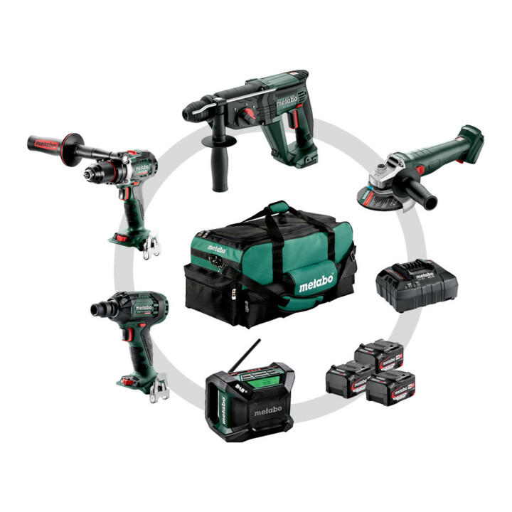 Metabo Akku Combo Set Bauhandwerk 5.2 BS 18 LTX BL + KH 18 LTX 24 + W 18 L 9-125 Quick + SSW 18 LTX 300 BL + R 12-18 DAB BT; Werkzeugtasche