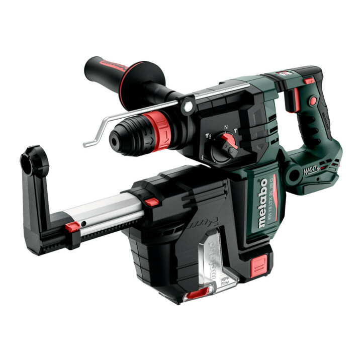 Metabo Akku-Kombihammer KH 18 LTX 28 BL Q Set ISA mit integrierter Staubabsaugung und Metabo-Quick-Wechselfutter ; metaBOX 185 XL